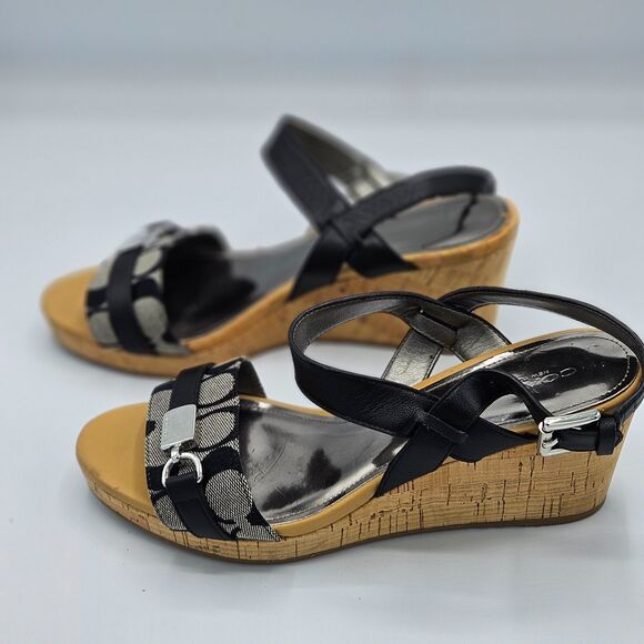 Coach Black Signature Jacquard Cork Wedge Sandals Women’s Size 9B Buckle Strap - Picture 5 of 6